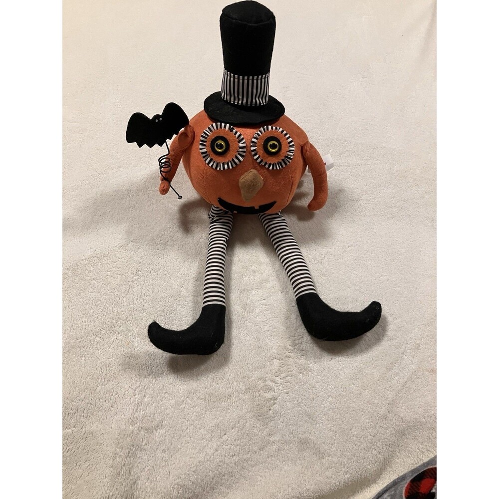 Halloween Decor Shelf Sitter Folk Art Primitive Style Pumpkin Head Doll Bat Hat